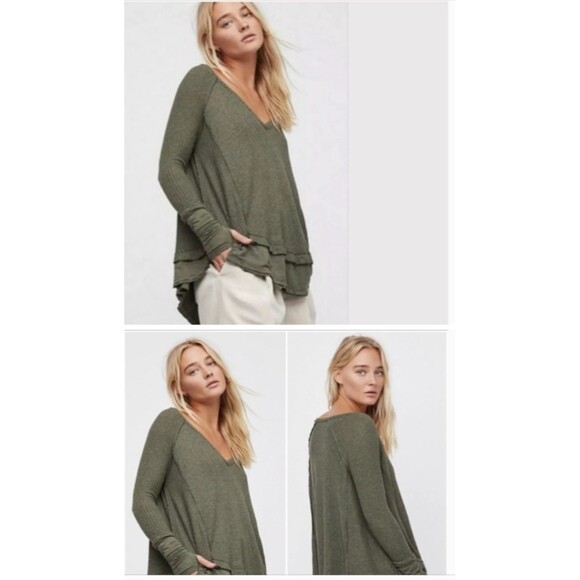 We the Free Laguna Top women’s size XS Thermal Waffle Knit Oversized Green - Picture 1 of 12